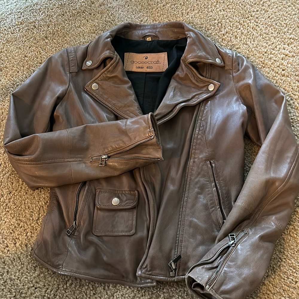 Real leather toupe brown biker jacket xs